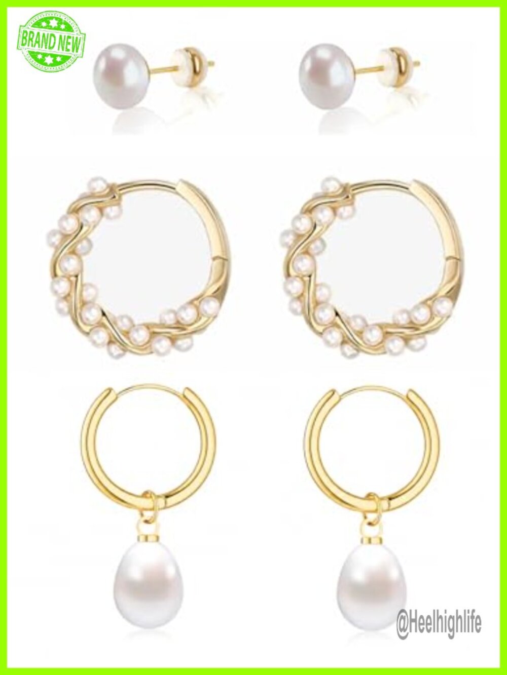 Pearl Earrings Set 14K Gold Plated Stud Hoop Drop Huggie 3 Pairs